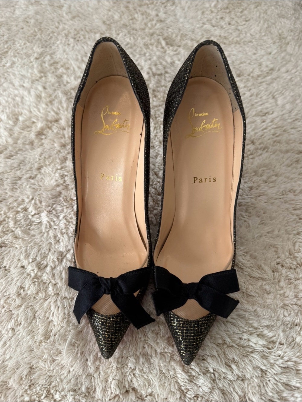 Christian Louboutin Black Glitter Pointed Pumps with Red Soles and Bow